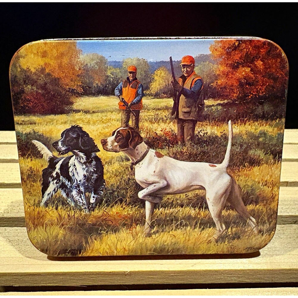 Hunting Tin Bird Dogs Hunters Fall Field Sporting Storage Box Made In China Vtg